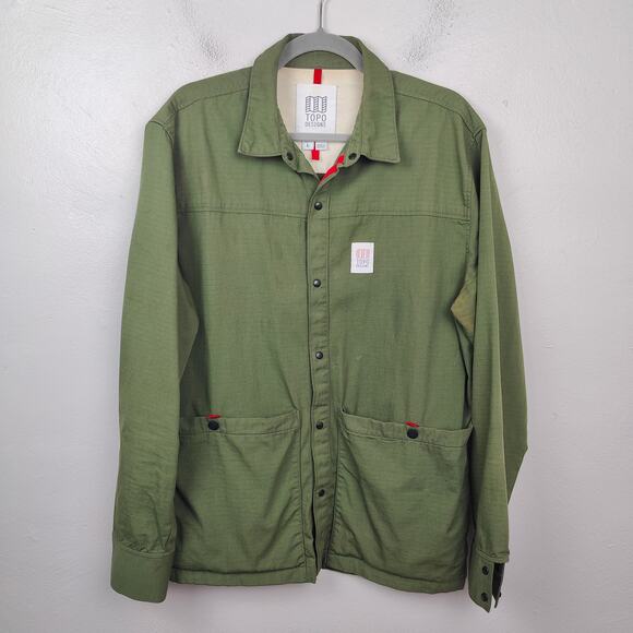 Topo Designs Field Button-Down Shirt Jacket Mens‎ Large Army Green Ripstop FLAWS - Picture 1 of 10
